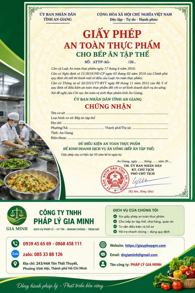 Giấy phép an toàn thực phẩm cho bếp ăn tập thể tại An Giang