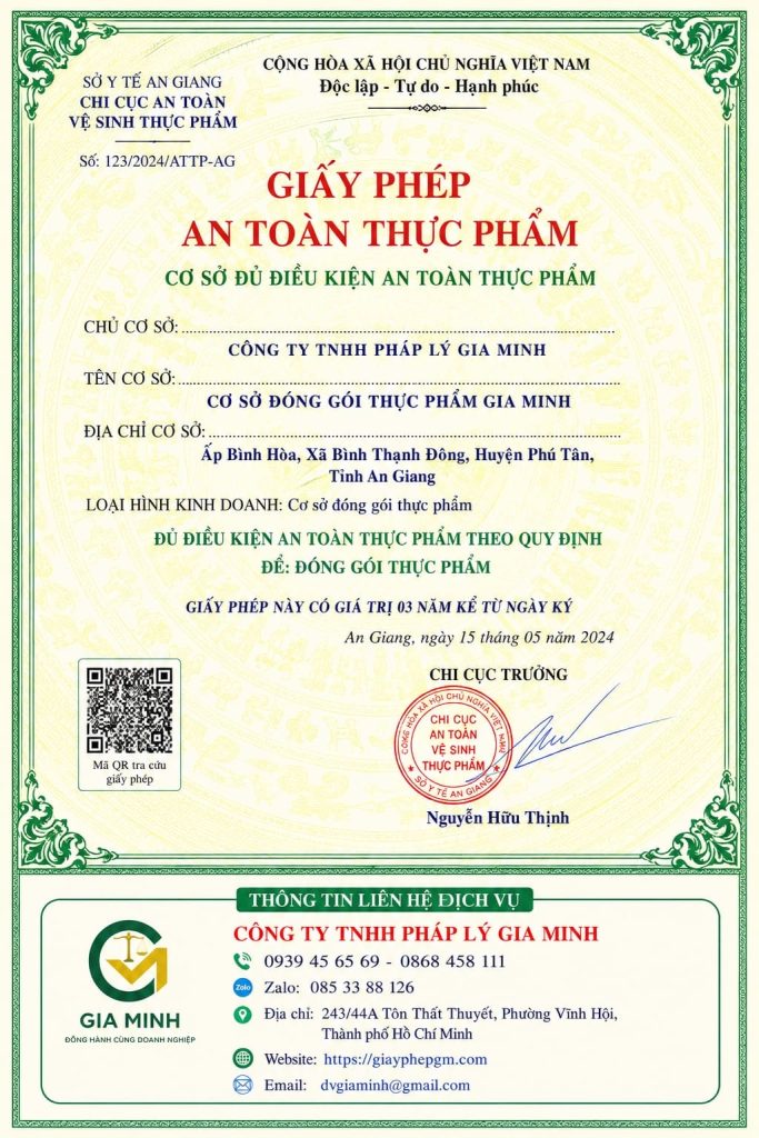 Giấy phép an toàn thực phẩm cho cơ sở đóng gói thực phẩm tại An Giang