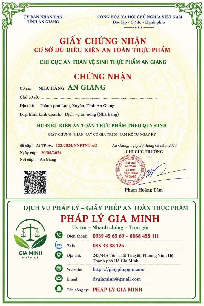 Giấy phép an toàn thực phẩm cho nhà hàng tại An Giang