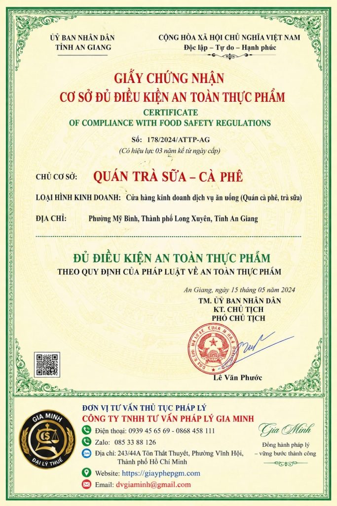 Giấy phép an toàn thực phẩm cho quán cà phê trà sữa tại An Giang