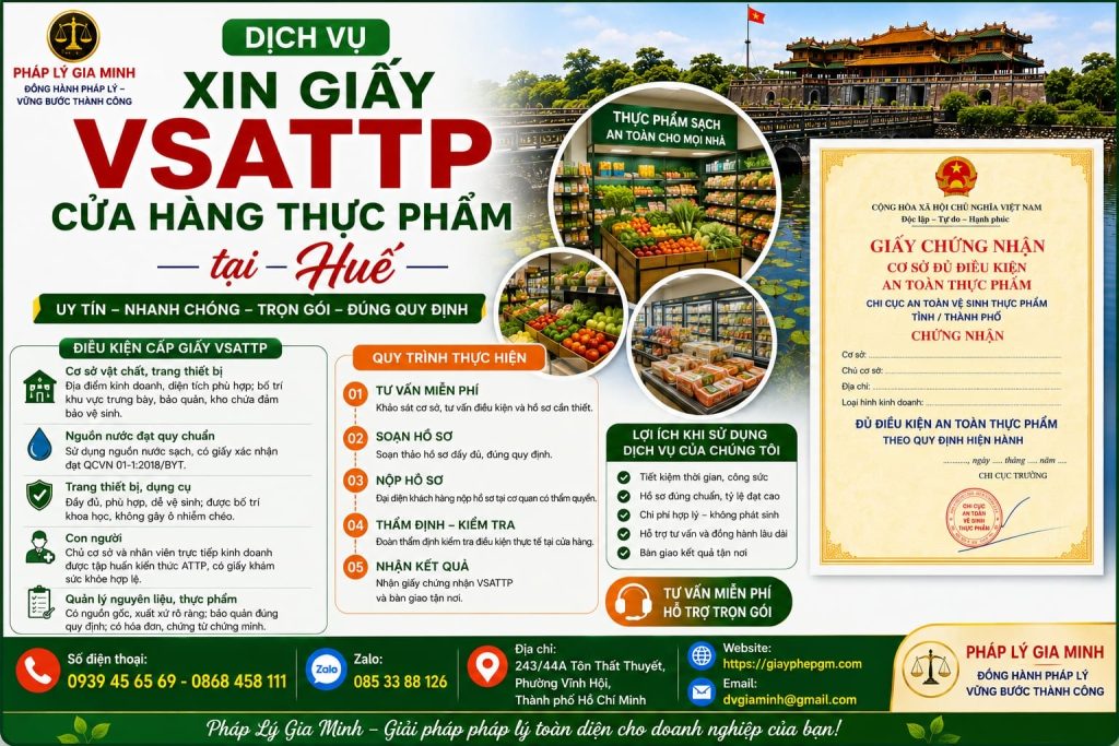 Dịch vụ xin giấy VSATTP cửa hàng thực phẩm tại Huế